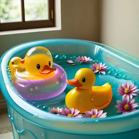 {1rubber duck, 1 rubber duck made out of slime, (slime duck:1.5), yellow slime body, orange slime beak, glossy black eyes, translucent slime rubber duck, transparent slime rubber duck}
hud_sp_bth, flower, petals, water, bath, in an elegant bath tub, bubbles made out of slime, slimes hiding in the bath bubbles, bubble bath, perspective from inside tub, prespective from inside bath, lots of frothy bubbles, 
everything made of slime, No simple background,
((translucent slime)), ((transparent slime)), (bioluminescent slime), sl1m3d, slime, slime-morph, saturated colors, no humans, no people, no man, no woman,