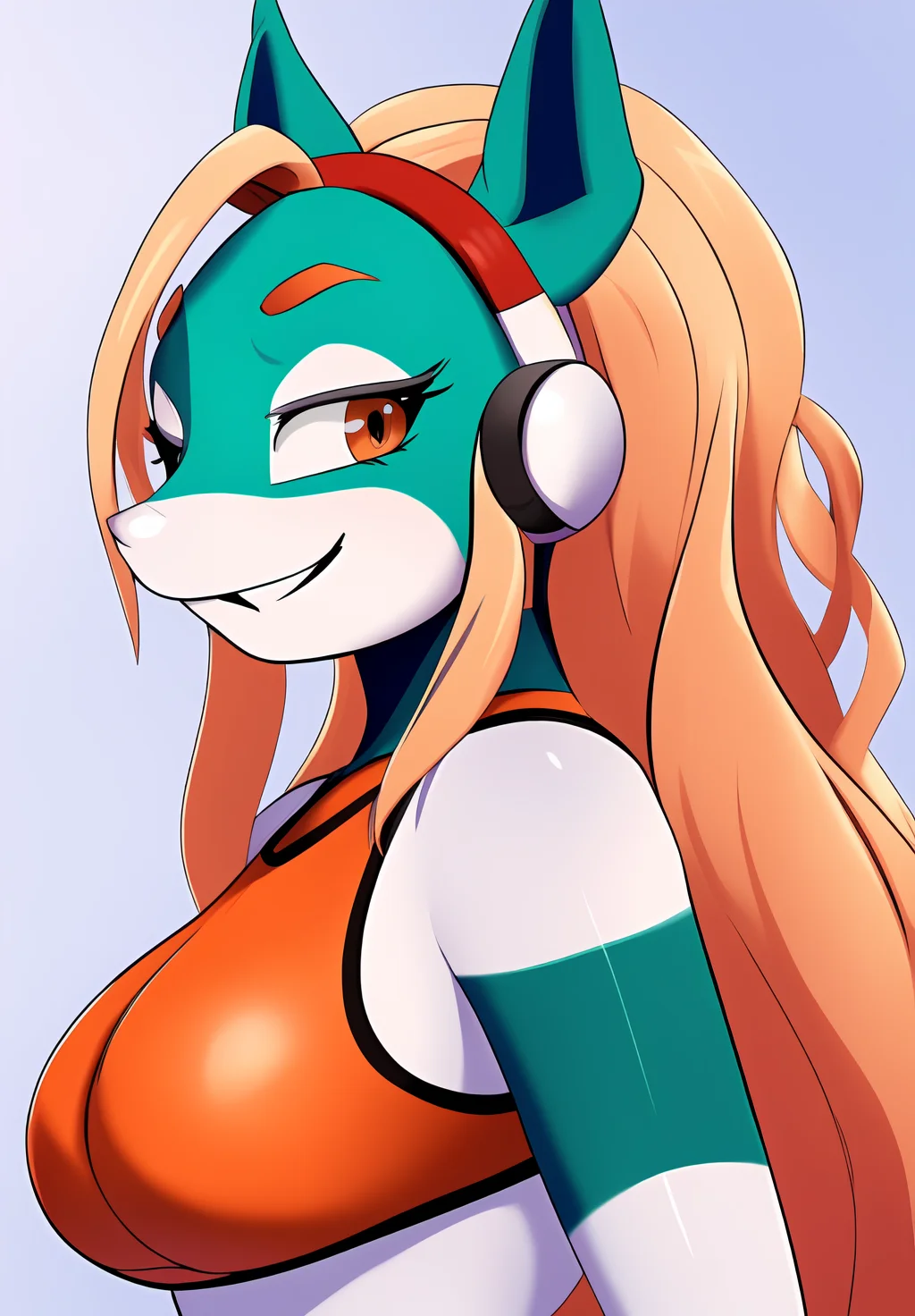<lora:ippan_josei:0.8>, ippan_josei, (masterpiece, best quality,perfect lighting), 1girl, solo, smirk, strike a pose, portrait, orange cheerleader, from side, looking at viewer, colored skin,