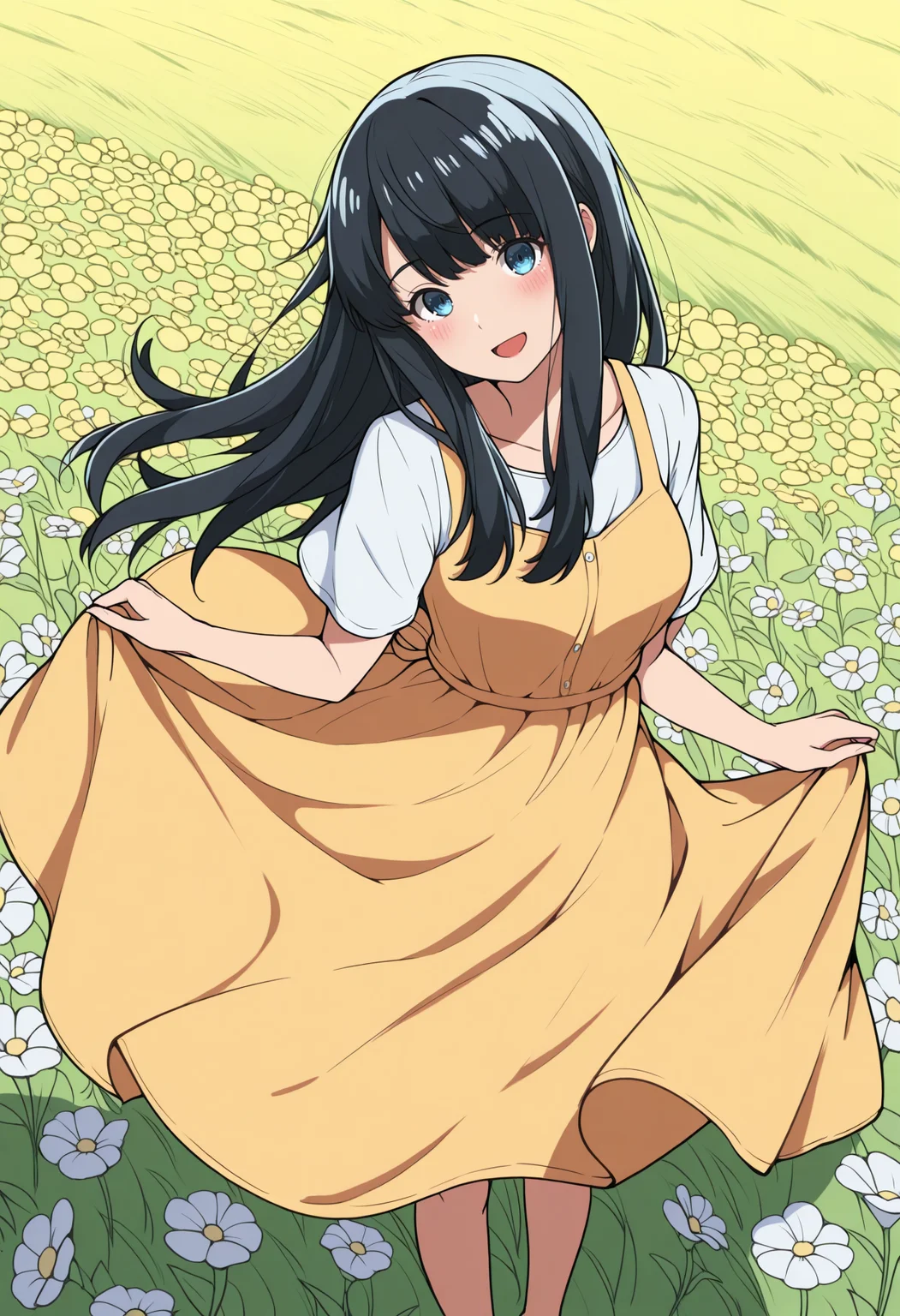 masterpiece, best quality, 1girl, solo, SuzuneInukami, blue eyes, black hair, long hair, sidelocks, lineart, yellow sundress, dress hold, outdoors, wind, windy, flower field, looking at viewer, head tilt, smile, :d, blush, from above, <lora:ChamSuzuneInukamiIllustriousXL:1>