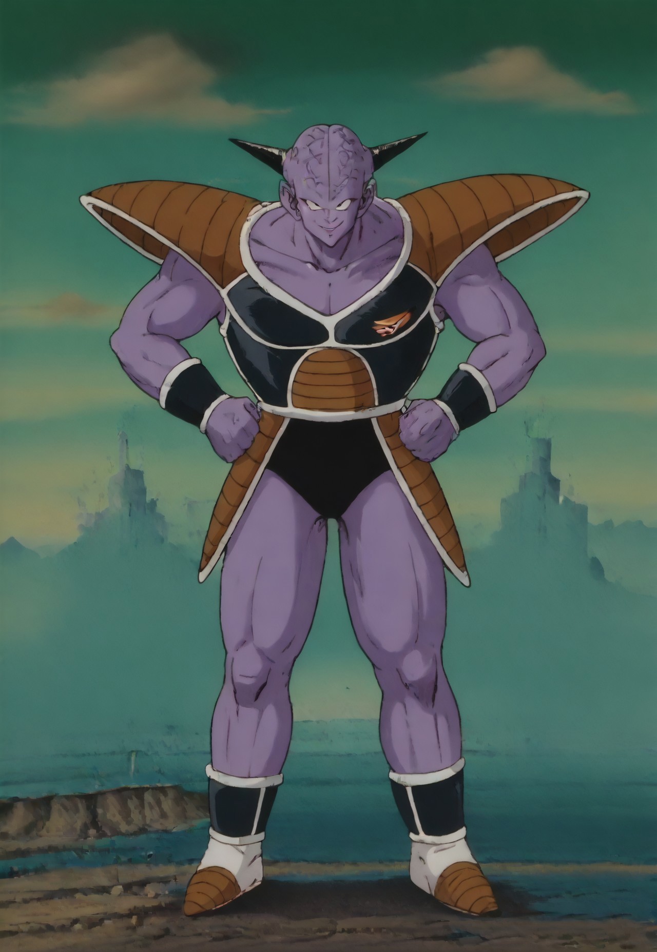score_9, score_8_up, score_7_up, score_6_up, score_5_up,ginyu,Purple skin, standing,(evil smile：1.3),armor,green sky,on ground,solo,easynegative,((detailed face,detailedeyes,bare black eyes:1.2)),eye_focus, full shot, solo, looking_at_viewer