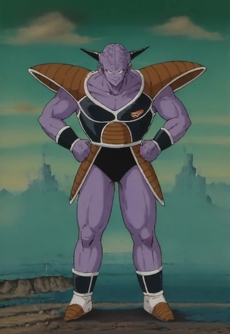 score_9, score_8_up, score_7_up, score_6_up, score_5_up,ginyu,Purple skin, standing,(evil smile:1.3),armor,green sky,on ground,solo,easynegative,((detailed face,detailedeyes,bare black eyes:1.2)),eye_focus, full shot, solo, looking_at_viewer