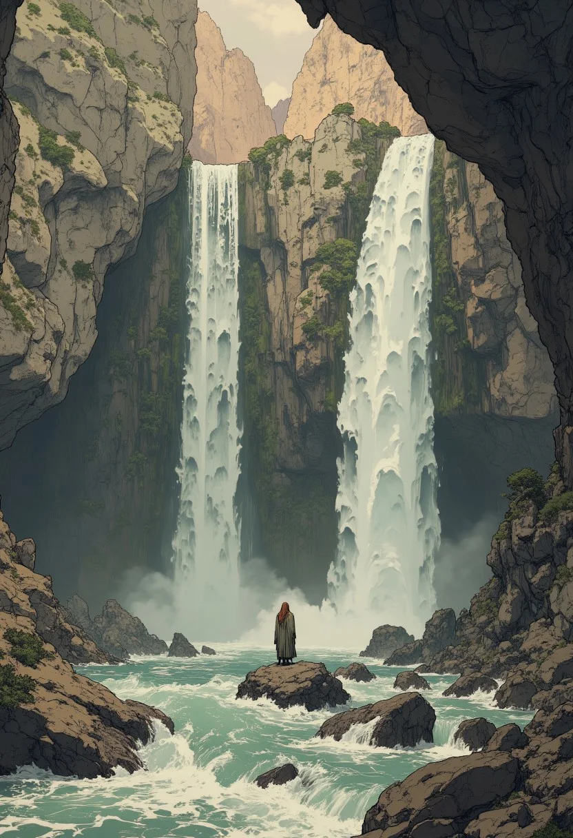 In the style of cksc, a wabi sabi Woman is forming Out of a waterfall