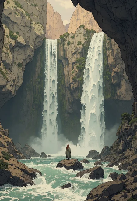 In the style of cksc, a wabi sabi Woman is forming Out of a waterfall