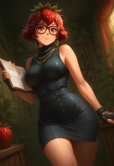 masterpiece, best quality, solo, curvy, beautiful eyes, narrow waist, wide hips, 1girl, solo, smile, looking at viewer, dynamic angle, foreshortening, close up,       strbrry, <lora:StrawberryWorldMorph_IXL_v1:1.0>,[Fashion Designer], black sleeveless turtleneck dress with sleek pencil skirt, measuring tape draped around neck, stylish reading glasses, tailored white blazer, fingerless gloves for fashion details, surrounded by fabric swatches and design sketches, modern studio backdrop, holding up a fashion blueprint,