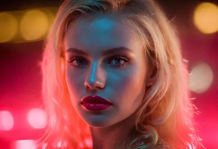 (80sPortrait), outdoors, night, beautiful blonde woman, blue eyes, lipstick, closeup, neon lights