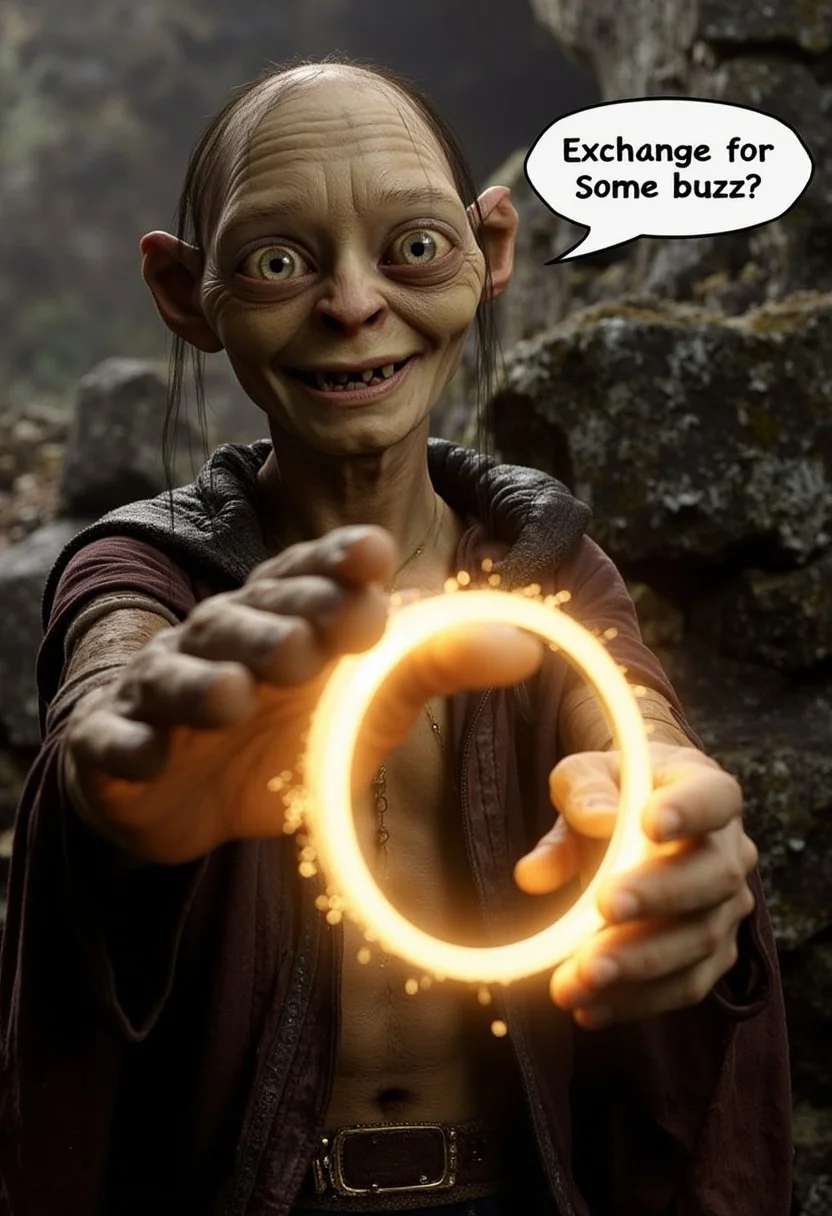 smeagol holding the shiny ring of power handing it to a passanger with a text bubble: "Exchange for some buzz?"