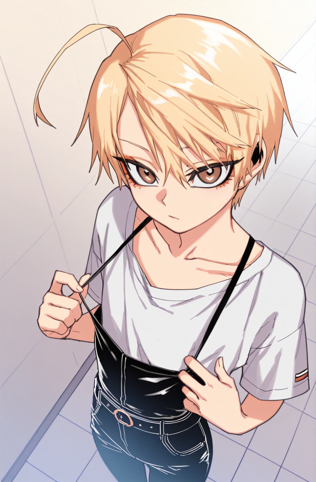 Score_9, score_8_up, score_7_up, masterpiece, best quality, newest, absurdres, highres,HongiLtak, 1boy, blonde hair, brown eyes, ahoge, short hair, eyeliner, dynamic angle,otoko no ko,  male_focus, vogue, fashion, pulled_by_self