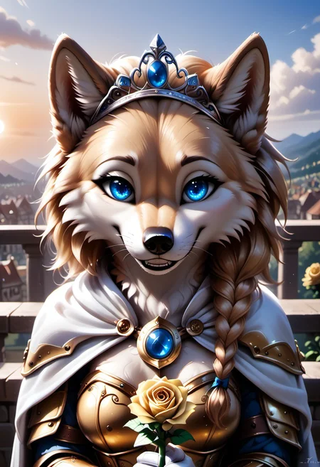 anthro, female wolf, voluptuous figure, tufted fur, tufted ears, fluffy wolf tail, narrowed eyes, long blond hair, golden fur, blue eyes, canine teeth, solo, golden rose amulet, whiskers, medium breasts, white tail ribbon, sapphire tiara, cute smile, white cape, detailed eyes, F.M PDXL, realistic, highres, super high resolution, 8k, photo, whtfx, soft body fur, rostran style, sidebraid, sunrise, sunlight, medieval balcony, golden knight armor, holding yellow rose, glowing, radiance, light art, white gloves, lookign at viewer, narrowed eyes,