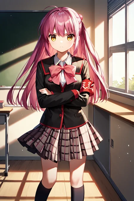 score_9, score_8_up, score_7_up, score_6_up, rating_safe, source_anime, best quality, masterpiece, detailed background, detailed eyes, classroom, arms crossed, <lora:futaki-kanata-xl-06:0.9>, futaki kanata, yellow eyes, medium breasts, small ahoge, black and red school uniform with pink bow, pleated grey plaid skirt, red armband, black kneehighs, frown, stern