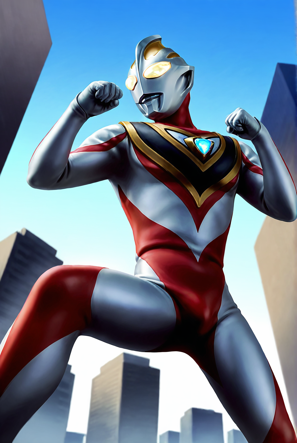 score_9,score_8_up,score_7_up,male focus,ultra-detailed,high resolution,digital painting,8k,1boy,solo,cowboy shot,perspective,from below,male focus,detailed face,tokusatsu,alien,yellow eyes,bodysuit,fighting stance,cityscape, blue sky, bulge,<lora:add-detail-xl:1>,<lora:Ultraman Gaia:0.8>,ultraman gaia,<lora:League_of_Legends__illustrious-XL:0.5>,