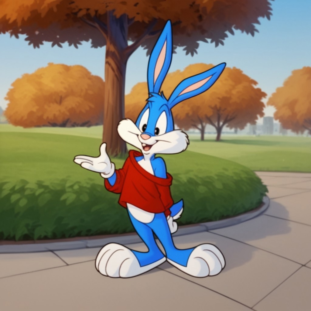 score_9, score_8_up, score_7_up, score_6_up, score_5_up, score_4_up, source_furry, bustertta, anthro, male, bunny, blue fur, red shirt, white gloves, in a park, full body, off shoulder