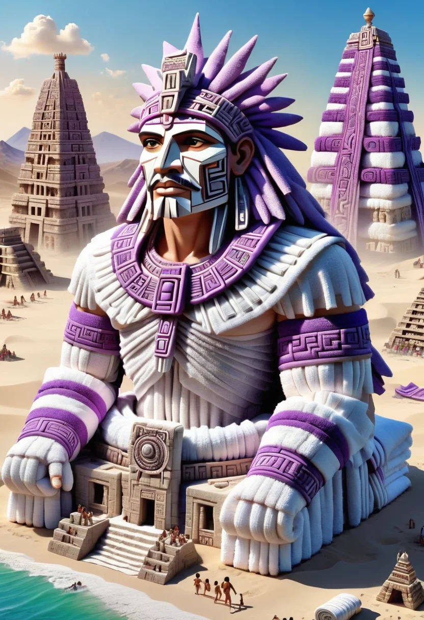 DonMT0w31XL towel, quinametzin, Giant being from Aztec mythology, ancient and powerful, incredible size and strength, builders of ancient structures, origin of civilizations, autonomous,skyscrapers,pastoral,lovable,beaches,serenity,crowded , purple <lora:DonMT0w31XL-000010:1>