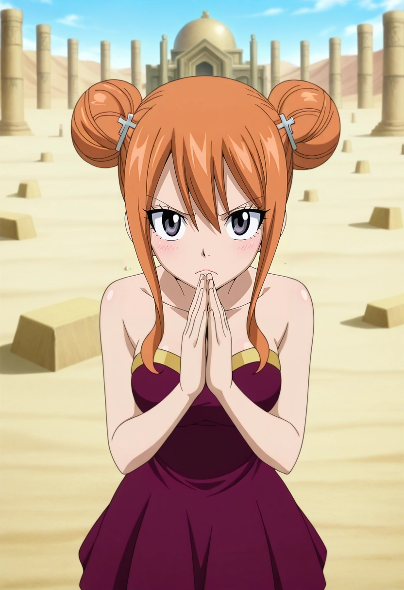 masterpiece, best quality, anime screencap, anime coloring, official style, , looking at viewer, 1girl, silver eyes, copper hair, double bun, snap clip, strapless dress, solo, desert temple, sand columns, sun dials, ritual spaces, worship pose, solemn expression, noon, <lora:fairy_tail_style_ilxl:1>, fairy_tail_style,