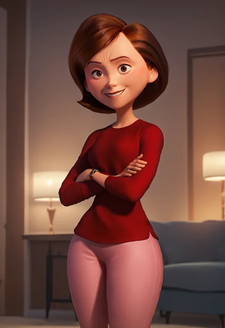 <lora:HelenParrPony1.1_r1:1>, score_9, score_8_up, score_7_up, score_6_up, score_5_up, score_4_up, looking at viewer,helen parr, 1girl, red sweater, brown hair, solo, pink pants, short hair, jewelry, standing, watch smile, indoors,cowboy shot,crossed arms,