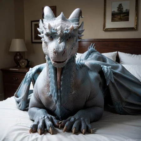 core_9, score_8_up, score_7_up, score_6_up, masterpiece, high quality, realistic, detailed, best quality, solo, rating_safe, source_furry, bedroom, smiling, seductive, looking at viewer, on bed, negative_hand, full body, Siveth_dh, dragon, white blue scales, wings, white horns, claws, female, 1girl, feral, blue eyes