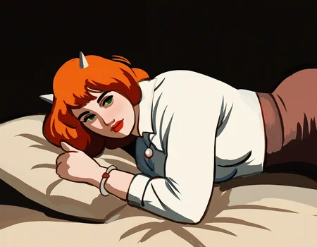 by carl newman, 1girl, original, portrait, sprawled on bed, medium-hair, orange-hair, green-eyes, small-breasts, collared-shirt, long-sleeves, small-horns, brown-horns, makeup, messy-hair, skirt, pendant. bracelet, from-side, masterpiece, best quality, newest, absurdres, highres