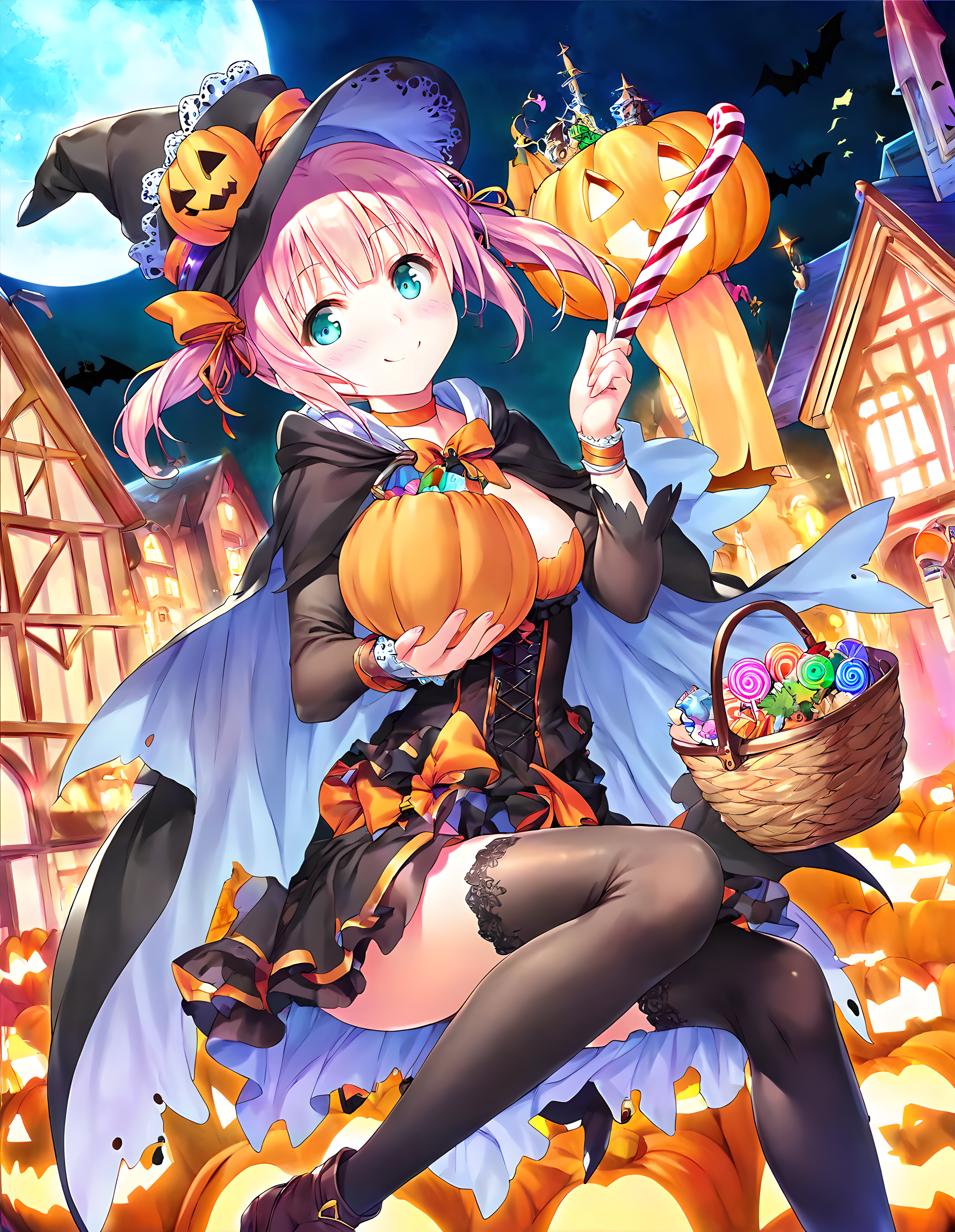 score_9,score_8_up,score_7_up,source_anime,1girl,solo,halloween costume,halloween,trick or treat,witch,pumpkin hat,witch hat,food-themed hair ornament,pumpkin hair ornament,orange choker,cape,silk,orange ribbon,thighhighs,swirl lollipop,black legwear,jack-o'-lantern,basket,holding lantern,halloween bucket,holding vegetable,sweets,candy,candy cane,cookie,silhouette,bat,ghost,black cat,pumpkin,castle,pennant,clock tower,church,cross,graveyard,tombstone,coffin,town,gate,bare tree,spider web,night sky,full moon,moonlight,looking at viewer,smile,:d,light_blush,<lora:pony_xl_chris:0.9>,chris,