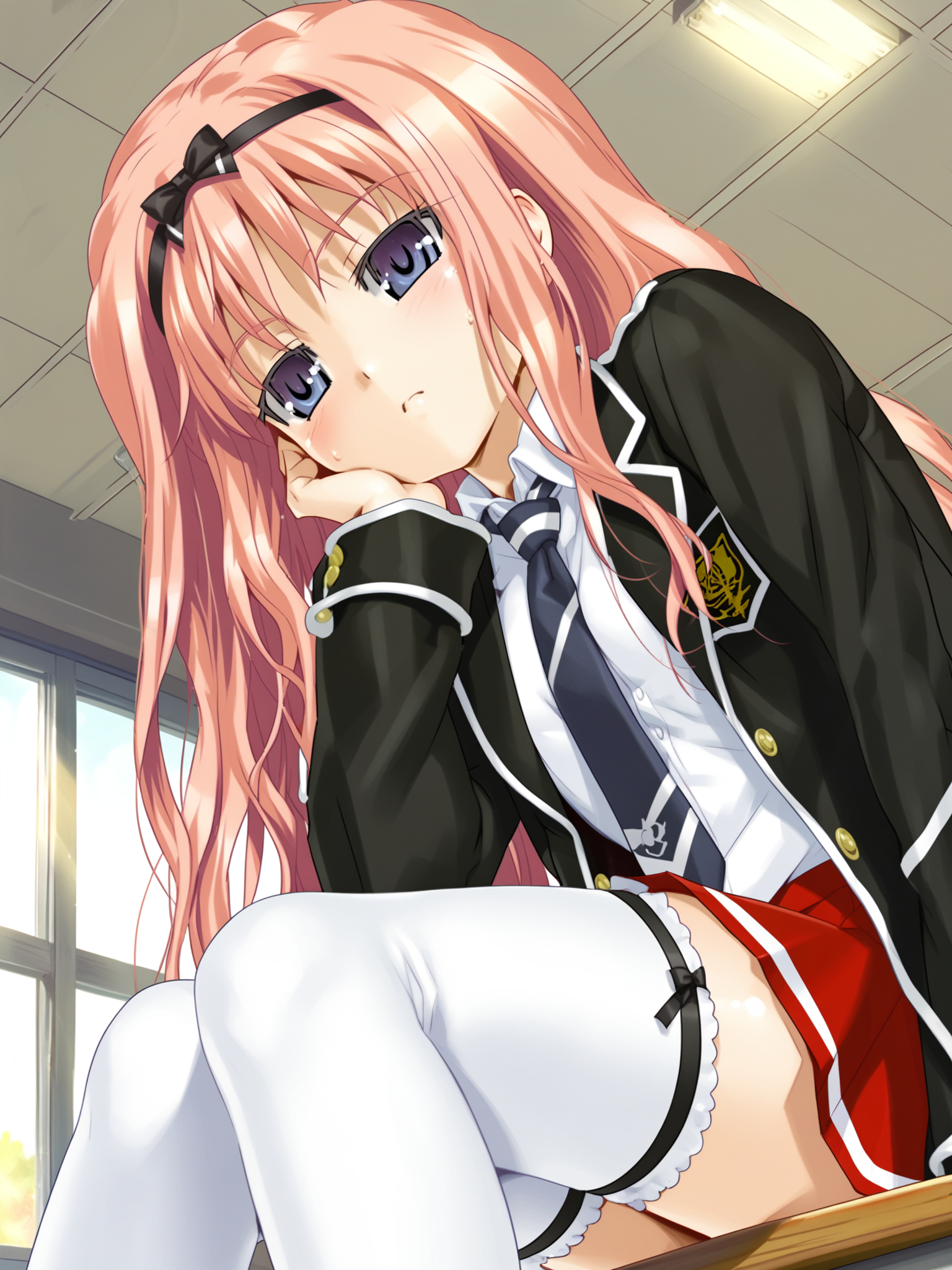 <lora:happy_tentacle-cecile-v0.1-000039:1>, ht_cecile, school uniform, black jacket, white shirt, red skirt, white thighhighs, tie, classroom , 1girl, solo, , half-closed eyes , ( surprised :1), , looking down , , facing viewer , score_9, score_8_up, score_7_up, score_6_up, score_5_up, score_4_up