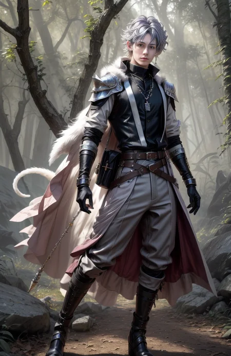 8k, ((masterpiece)).((best quality:1.2)), sharp focus, full body, head to toe, 1 young man, 22 years old, youthful appearance, male focus, dynamic pose, silver colored hair, curly hair, EYESHD, Nora outfit fur accents, Nora outfit bead necklaces, Nora outfit pants, Nora outfit hip quiver, Nora outfit leg guards, Nora outfit arm braces, Nora outfit belt with pouches, and Nora outfit fur boots, defined body, thin waist, looking at camera, armor, detailed background a wooded clearing, a pet wolf standing nest to him,(absurdres) , <lora:more_details:0.5>, <lora:wrenchftmfshn>,<lora:add-detailxl:0.8>, <lora:Eyes_High_Definition-000007>, <lora:bulge:1>, <lora:lightup_brightness_v200:1>, <lora:Nora:1>