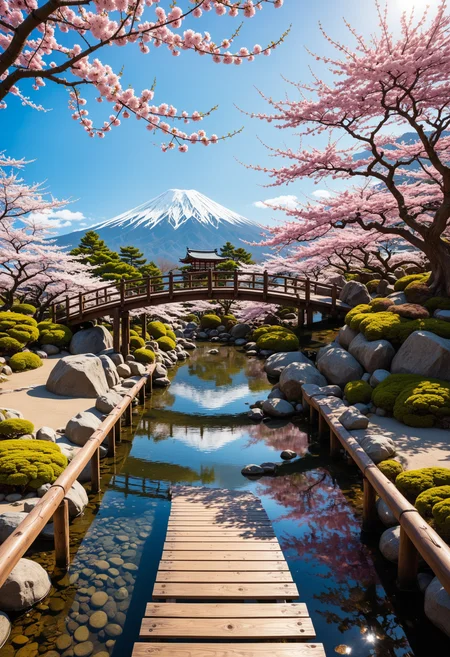 Cartoon style fine art photo of (best quality, 4k, 8k, highres, masterpiece:1.2),ultra-detailed,(realistic, photorealistic, photo-realistic:1.37),portrait,anime style,vibrant colors,dynamic composition,flowing water,cherry blossoms,peaceful atmosphere,gentle breeze,traditional Japanese garden,wooden bridge,tranquil pond,distant mountains,soft sunlight,, ultra quality, ultra detailed. Conceptual, creative, artistic, aesthetic in Harajuku style. Japanese street fashion, eclectic, colorful, anime . Simplified features, exaggerated expressions, bold outlines, vibrant colors, by artists like Charles Schulz