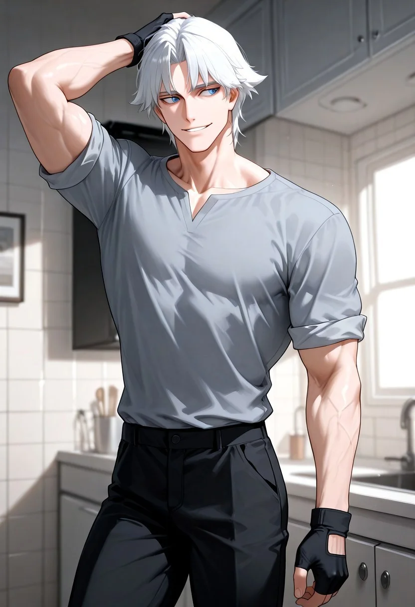 <lora:Dante:1.5> face colse-up, 1male, solo, male focus, alone, detailed, Dante ((toned male, tall, fair skin, white hair, detailed blue eyes, muscular body, muscular biceps, slim muscular thighs,)),  ((wearing grey shirt rolled up, black fingerless gloves, black pants)), smiling, looking to the side, scratching his head, inside a kitchen, old apartment, night