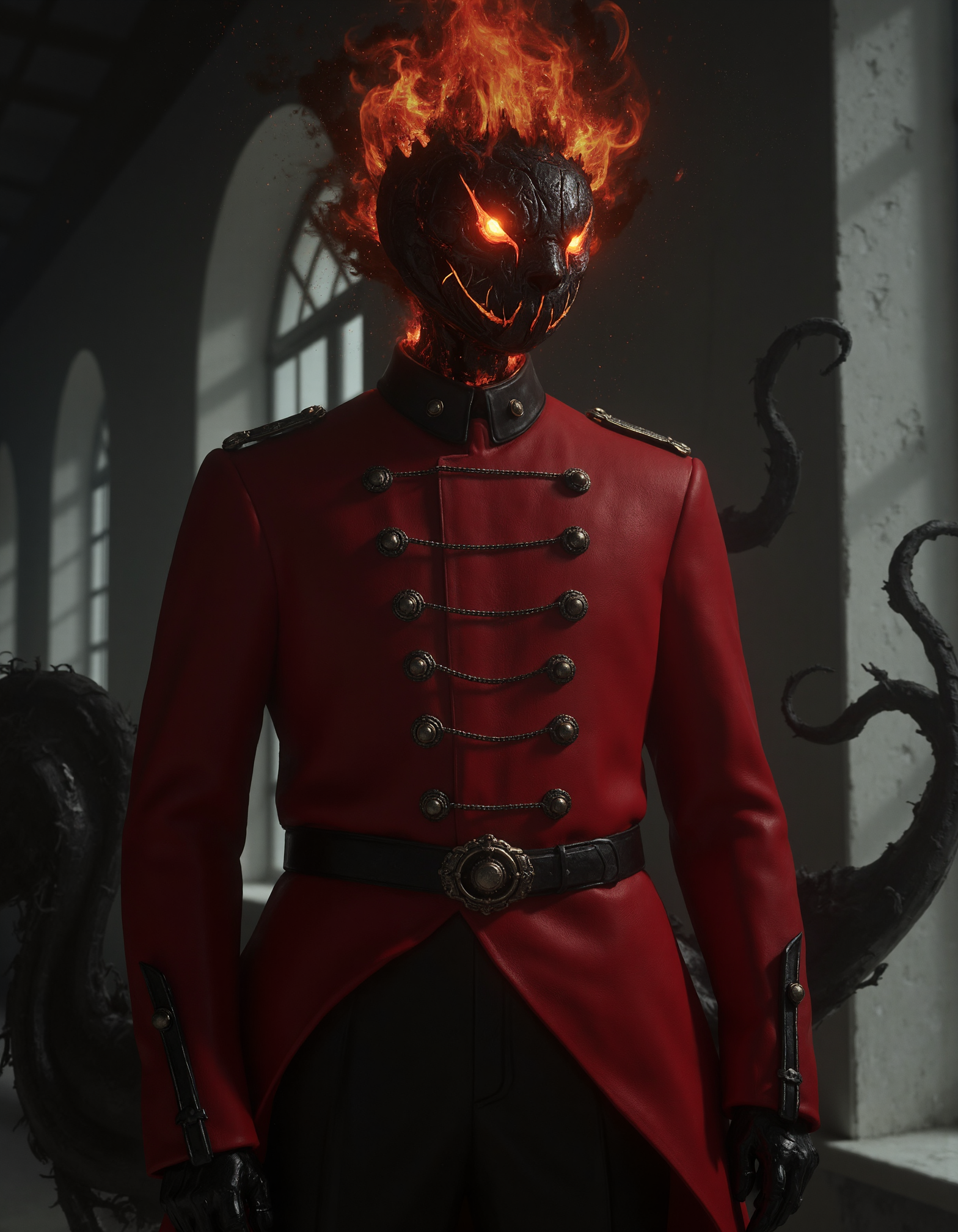 zavy-hdlsshrsmn, mysterious photoshoot of close-up view of headless victorian age infantry redcoat with a glowing presence, photorealistic depiction, high quality cinematic shot