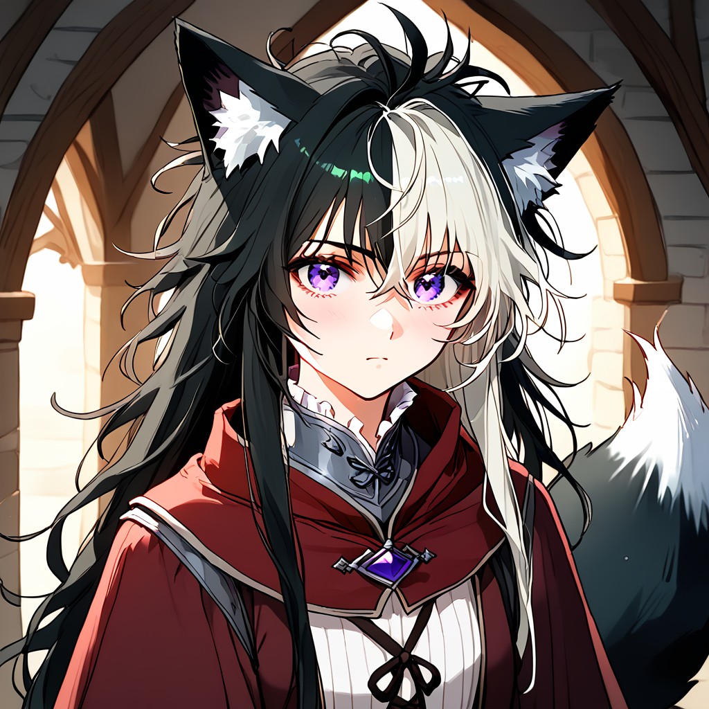 (score_9), (score_8_up), (score_7_up), masterpiece, source_anime, best quality, perfect anatomy, very aesthetic, absurdres, (1girl, Nemu, (Messy Hair, Long Hair)), (Purple Eyes, Foxgirl, Black Fox Ears, Black fox tail, (Black Hair, (Left White Hair Highlight:1.2)), puppyemonade \(artist\), medieval, 18 years old, detail1eye, 18 years old, zyrnox style, <lora:3fd58e27-e337-41e0-a9d2-fe078fce6211:0.6>, <lora:78814faf-2265-47c0-bf65-08dfa33a08be:1.0>, <lora:81e12eb1-e9e2-454a-bbd2-a6834987f9cd:0.1>, <lora:a9d7bb44-5e41-498e-b26c-f97c75239bab:0.3>