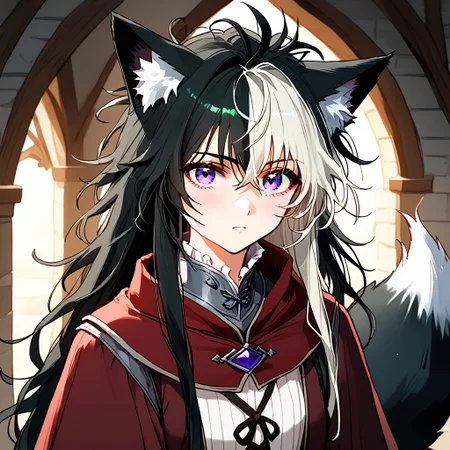 (score_9), (score_8_up), (score_7_up), masterpiece, source_anime, best quality, perfect anatomy, very aesthetic, absurdres, (1girl, Nemu, (Messy Hair, Long Hair)), (Purple Eyes, Foxgirl, Black Fox Ears, Black fox tail, (Black Hair, (Left White Hair Highlight:1.2)), puppyemonade \(artist\), medieval, 18 years old, detail1eye, 18 years old, zyrnox style, <lora:3fd58e27-e337-41e0-a9d2-fe078fce6211:0.6>, <lora:78814faf-2265-47c0-bf65-08dfa33a08be:1.0>, <lora:81e12eb1-e9e2-454a-bbd2-a6834987f9cd:0.1>, <lora:a9d7bb44-5e41-498e-b26c-f97c75239bab:0.3>