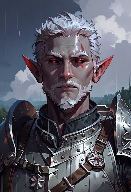 score_9, score_8_up, score_7_up, high resolution, high quality, masterpiece, ultra detailed, concept art, invncbl, solo, cloudy sky, day, rain, upper body, looking at viewer,
1boy, male focus, red eyes, (friendly masculine face), white hair, pointed ears, ((Drow, deep grey skin)), black sclera, short hair, slick back hair, ((facial hair, small mustache, full beard)), grey lips, arm0rs3nt1n3l, medieval armor, single shoulder armor, breastplate, single pauldron, black cloack, black cloth, fur belt, fur boots, black pants, metal bracers,