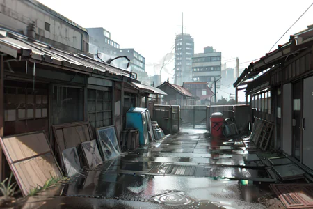 highly insanely detailed, masterpiece, top quality, best quality, highres, 4k, 8k, RAW photo, (very aesthetic, beautiful and aesthetic),  
(rsef style,fevercell style),futuristic_landscape,glitch_effects,chromatic_aberration,digital_aesthetics,vivid_colors, 
<lora:rsef-000225:0.7>, 
(1girl:1.3), 
1other, 
, 
, 
very short hair,metal hair, 
(breast curtains), 
ruanyi0042,building,outdoors,dirty,garbage,peeling paint,graffiti,ruins,abandoned,dark,eerie,no humans,vegetation,dilapidated,messy,door,air conditioner,box,bicycle,street,bucket,(dirt path,dirt road,muddy path,stone_paved_path),high-tech floor,floating walkway,cobblestone,metal grate,old street,eco-friendly materials,sidewalk,food,house,soda can,window,fence,bottle,wall,motor vehicle,trash bag,brick wall,road,graffiti,cardboard box,fence,street,food,puddle,door,box,lamppost,house,plastic bag,trash bag,cup,stairs,brick wall,soda can,plant,wall,power lines,scenery,(glass floor),bucket,motor vehicle,air conditioner,trash can,bottle,cloudy,floating cloud,Sea of clouds,raging storm,ragingstorm,tempest,typhoon,lightning glare,lightning,lightning bolt,wind,heavy_rain,evacuations,dreamy backdrop,day,half_moon, 
,âââ