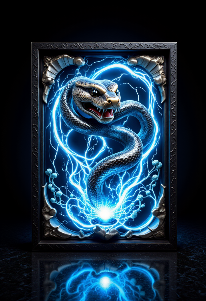 biomechanical style A hyper-realistic and intense scene of a snake appearing to emerge from a glowing digital screen, creating a 3D effect as if it is breaking into the viewer's space. The snake's head and part of its body are reaching out of the screen, its fangs exposed in an aggressive posture. The screen appears cracked and distorted at the edges where the snake is breaking through, with glowing fragments and electrical sparks adding to the dramatic effect. The background is dark, amplifying the sense of depth and realism.. cer1micsn1ke  <lora:FLUX_cer1micsn1ke_LoRA:1> <lora:aidmaFLUXpro1.1:0.32> <lora:aidmaAbadonedHorror:0.66> <lora:Mushroom_Portrait_Flux_v1:0.50> <lora:FLUX_b1ue:0.40> . blend of organic and mechanical elements, futuristic, cybernetic, detailed, intricate