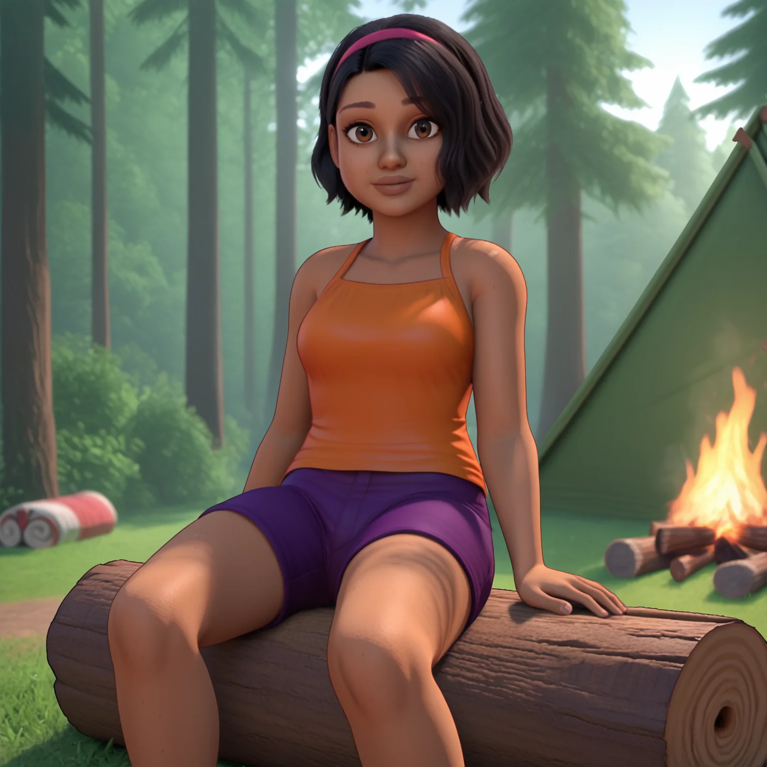 1girl, solo, <lora:Sammy Gutierrez - Jurassic World Camp Cretaceous-000010:1>, SammyGutierrez, black hair, short hair, pink hairband, brown eyes, dark-skinned female, orange crop top, purple shorts, cowboy shot, day, outdoors, campfire, tent, forest, looking at viewer, sitting, sitting on log,