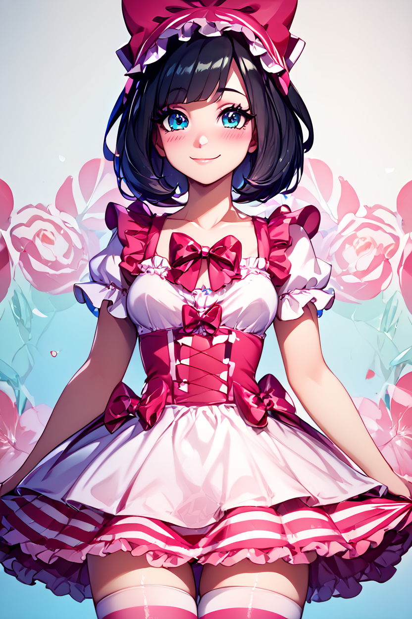 score_9, score_8_up, score_8, medium breasts, (curvy), cute, eyelashes,       BREAK, , zzSelene, 1girl, solo, black hair,  <lora:SelenePDXL:0.7>, , BREAK, closed mouth, alternate costume, smile, looking at viewer, blush,  zzLFashion, frilled dress, frills, bow, dress, striped thighhighs, sweetL, cowboy shot,  embedding:zPDXL, Expressiveh,  <lora:Vivid:0.7>,  <lora:LFashionPDXL:1>,  <lora:Uncensored_PonyXL_cpt_v02.09:0.4>,  <lora:Expressive_H-000001:0.4>,