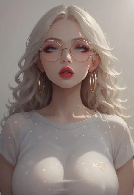 1 girl, (japanese supermodel),lipstick,detailed face, (bimbo:0.5), (huge fake breasts), plump lips, lipstick, eyeliner,eyeshadow, Digital painting style visual effects, round glasses, gold hoop earrings,
curly hair,long hair,  shiny hair, pretty face, platinum blonde hair, eye focus, blue eyes, lipstick, polka dot t-shirt, standing with hands on hips in Paris ((pink))
score_9, score_8_up, score_7_up, score_6_up,