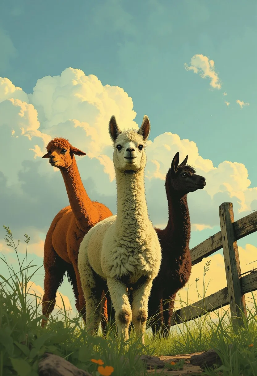 ppstorybook, A detailed close-up captures three alpacas grazing in a sunlit meadow, their luxuriant coats blending soft hues of cream, caramel, and charcoal. The central alpaca tilts its head toward the viewer with curious eyes, while the two others angle their profiles toward the horizon, their necks arched gracefully. Though all face broadly to the right, their stances pivot subtly leftward, creating a dynamic diagonal flow. Behind them, a weathered wooden fence traces the meadow’s edge, separating the vibrant greenery from a sky washed in pale azure, where wispy clouds drift lazily. The scene radiates tranquility, emphasizing their fluffy textures against the crisp, open landscape.