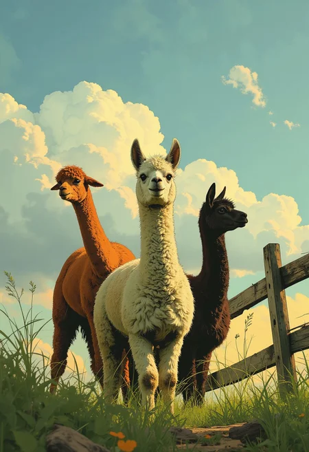 ppstorybook, A detailed close-up captures three alpacas grazing in a sunlit meadow, their luxuriant coats blending soft hues of cream, caramel, and charcoal. The central alpaca tilts its head toward the viewer with curious eyes, while the two others angle their profiles toward the horizon, their necks arched gracefully. Though all face broadly to the right, their stances pivot subtly leftward, creating a dynamic diagonal flow. Behind them, a weathered wooden fence traces the meadow’s edge, separating the vibrant greenery from a sky washed in pale azure, where wispy clouds drift lazily. The scene radiates tranquility, emphasizing their fluffy textures against the crisp, open landscape.