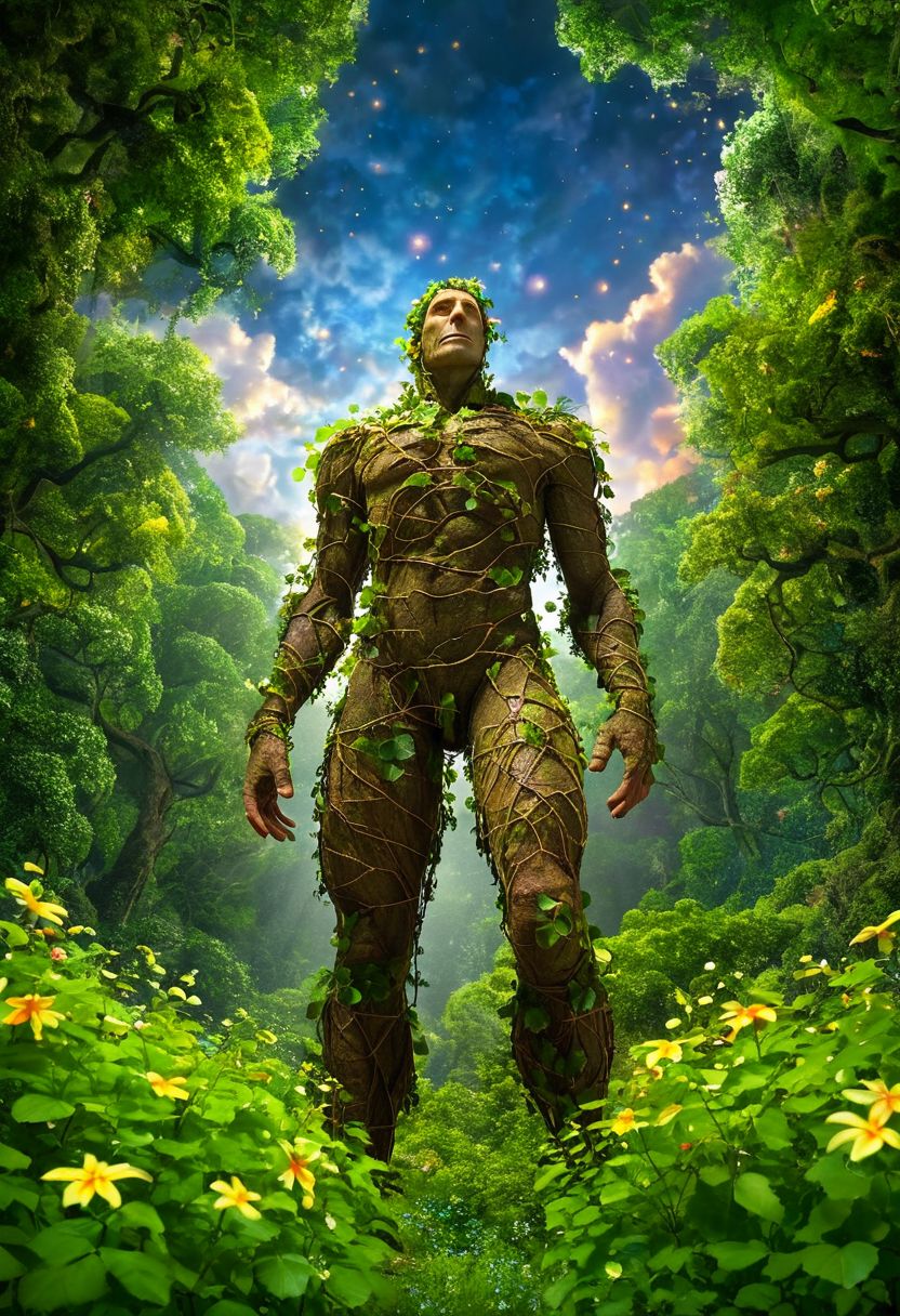 fantasy art, masterpiece, view from below, low angle, fantastical forest, motes of light hang in the air, magical feeling, colorful flowers bloom, green vines, healthy plants, a giant man walks through the forest, he is taller than the trees, his head is in the clouds, seen from below, he is made of earth and stone, his body is soil, he is covered in leaves and vines and flowers, he looks towards the distance, mysterious clouds swirl in the sky, fireflies zip around the bottom edge, magic is in the air,