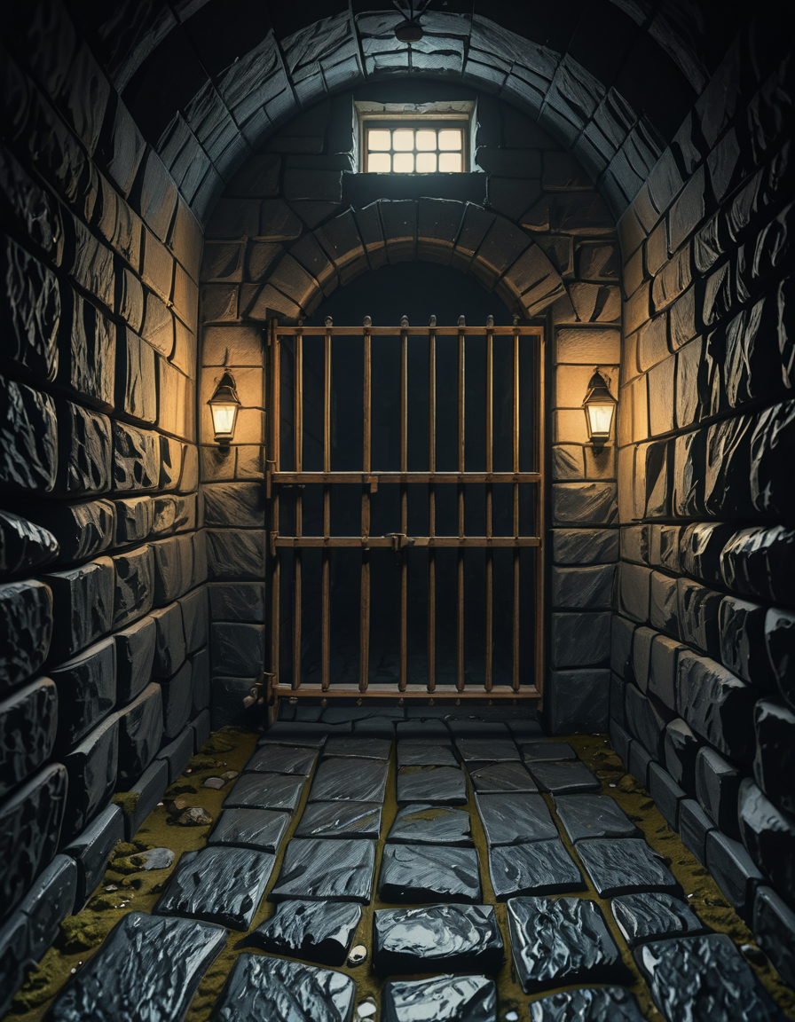 A highly detailed, hyper-realistic photograph of a dark medieval dungeon prison cell. The scene is dimly lit by a single flickering torch mounted on a damp stone wall, casting eerie shadows across the rough, moss-covered stones. Heavy, rusted iron bars form the cell door, slightly ajar, with visible corrosion and ancient padlocks. Inside the cell, there is a straw-covered floor, old wooden buckets, and a crude, splintered wooden bench against the back wall. Chains and manacles hang loosely from the walls, showing signs of long-term use. The atmosphere is cold, humid, and oppressive, with faint light rays piercing through tiny cracks in the stone ceiling. Cobwebs stretch across the corners of the cell, and faint water drips from above, creating small puddles. The overall mood is grim, desolate, and foreboding. Photorealistic style, with high dynamic range (HDR) lighting and extreme attention to textures like rust, moisture, and decay.
<lora:SDXLFaeTastic2400:0.4> <lora:extremely_detailed:0.4> extremely detailed,medieval dungeon pr1s0n c3ll <lora:medieval_dungeon_pr1s0n_c3ll-i:1>, Masterpiece,best quality,hi res,8k,hi res,8k,award winning,(sharp focus, intricate, highly detailed),