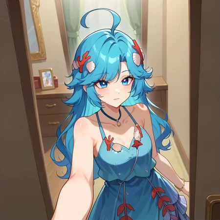 Expressiveh,1girl, dolia, blue eyes, blue hair, long hair, ahoge, shell hair ornament, bare shoulders, necklace, sleeveless, blue dress, bracelet, barefoot, seashell, starfish,, mirror, room, standing, holding phone, selfie, solo, hand on own hip, score_9, score_7_up,anime coloring ,source_anime, anime, anime screencap, infront of view