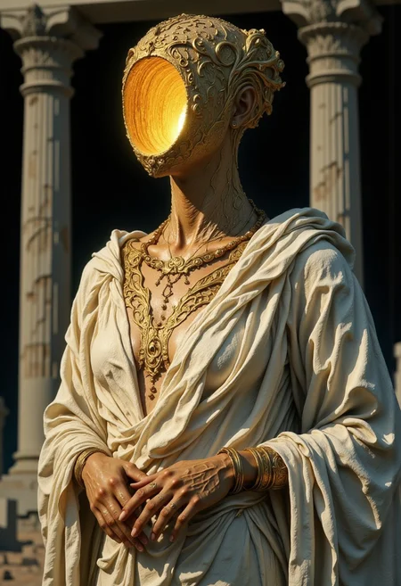 A close-up surreal portrait of an Ancient Greek priestess, standing before the sacred temple of Delphi, her body draped in flowing, white chiton robes that cascade gracefully over her shoulders. Her posture is poised and elegant, her hands raised before her, palms open as if offering herself to the gods. Her head is slightly tilted upward, her expression serene and timeless. Her head is a hollow, featureless piece of carved olive wood, perfectly smooth and rounded, with a large oval cutout at the center of her face, resembling the shape of an ancient Greek amphora. Inside the hollow head, a soft golden light glows, casting delicate rays through the amphora-shaped void, illuminating the textured wooden interior. The light is gentle and mystical, softly pulsating, casting elongated shadows across her chiton robes, detailed with delicate Greek key patterns embroidered in golden thread. Her head is crowned with a golden laurel wreath, its delicate leaves glowing faintly in the dim light. The laurel wreath wraps around the wooden head. The wooden head is polished and smooth, with faint carved patterns of Greek meanders echoing the ornate designs on her robes. The amphora-shaped void is the focal point, drawing the viewer’s eye, symbolizing the oracle’s divine visions and the emptiness of prophecy. The background is dark with faint columns of the Temple of Apollo rising in shadow, their Doric capitals illuminated softly by the golden light emanating from her hollow head.