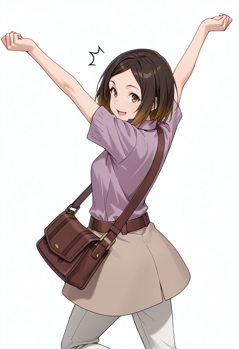 Smooth Quality,masterpiece,very intricate, high quality details, ultra realistic, high detailed skin,detailed enviorement,absurdres,
simple background, white background,
jumping, arms raised, legs bent, happy face, energetic posture,  ,from behind,^^^,solo,
 <lora:Kirara_Mizutani_cnn:0.8> 1girl, short hair, brown hair, multicolored hair, two-tone hair, brown eyes, at viewer, upper body,shirt, short sleeves, collared shirt, coat, pants, purple shirt,brown belt, shoulder bag,