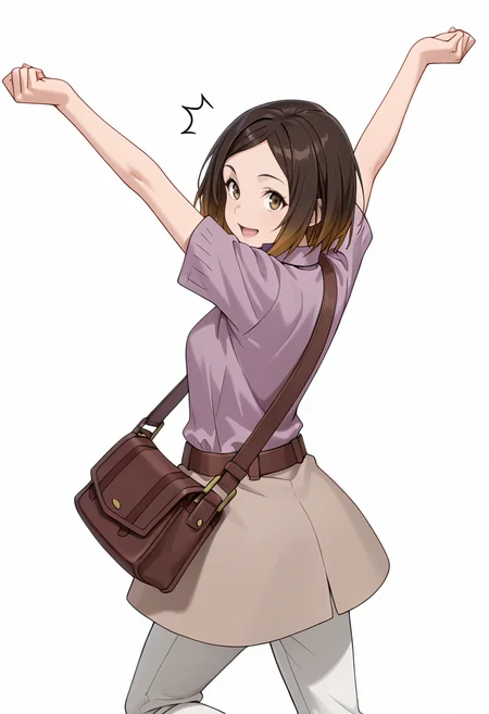 Smooth Quality,masterpiece,very intricate, high quality details, ultra realistic, high detailed skin,detailed enviorement,absurdres,
simple background, white background,
jumping, arms raised, legs bent, happy face, energetic posture, ,from behind,^^^,solo,
<lora:Kirara_Mizutani_cnn:0.8> 1girl, short hair, brown hair, multicolored hair, two-tone hair, brown eyes, at viewer, upper body,shirt, short sleeves, collared shirt, coat, pants, purple shirt,brown belt, shoulder bag,