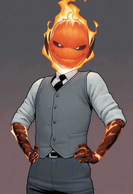 masterpiece, absurdres, high quality, perfect anatomy, 1boy, solo, cute boy, male focus, doyle, Orange Fire, Black Scelera, colored scelera, white shirt, grey vest, belt, sleeves rolled up, smug smile, hands on hips, cinematic, intricately detailed illustration, depth of field, masterpiece, best quality, amazing quality, very aesthetic, absurdres, newest, very awa,  shadow, dynamic angle, casual cosplay, dynamic pose, simple background,