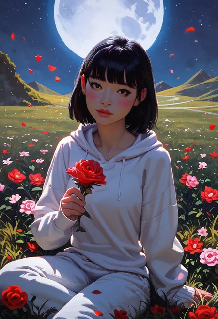 score_9, score_8_up, score_8_up, Asian, 1 Asian girl, black hair, bangs, top of a mountain, night, moon, moonlight cascading over her, posing cute, sfw, looking out over the valley, flower petals falling around her, ((streetwear)), (sitting down on grass, holding a rose, blushing), fit body, thin waists, beautiful, moon lighting, negative_hand, g0thicPXL, GTA
