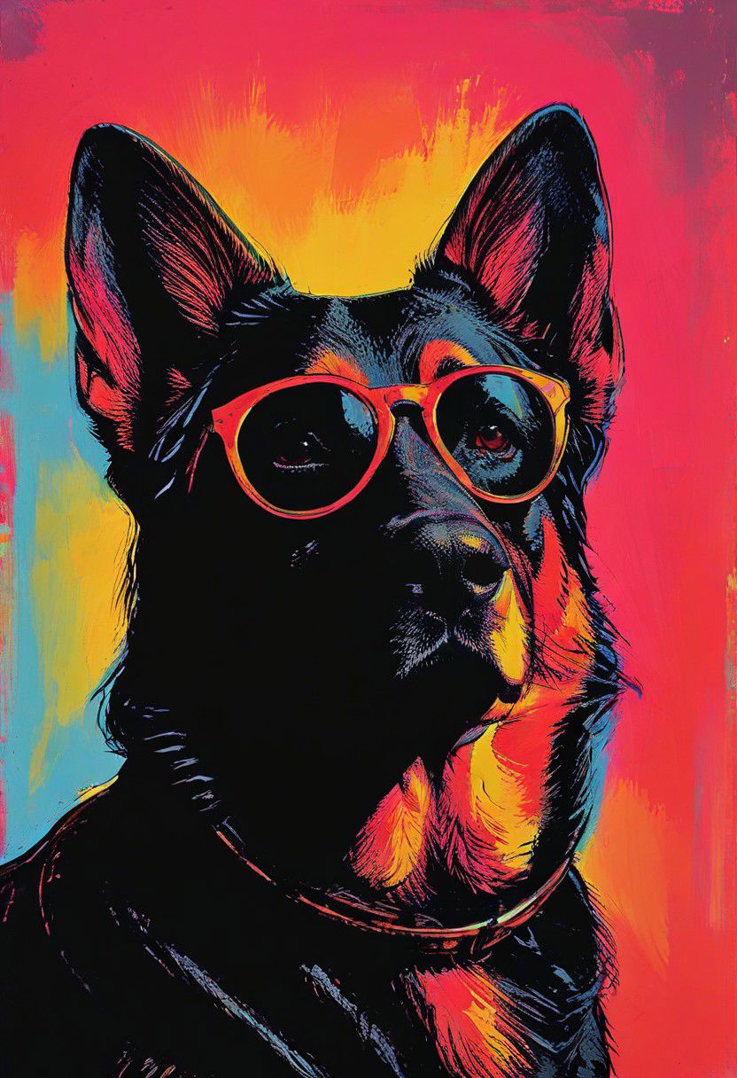 impactful color paint of, a german shepherd dog wearing dark sunglasses, highly detailed, vibrant colors , 8k, sharp, professional, clear, high contrast, high saturated, , vivid deep blacks, crystal clear