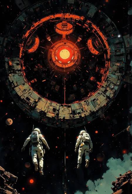 Two astronauts in spacesuits float in dark space inside a massive, dilapidated structure that looks like a giant ring or mechanism. At the center of this structure is a brightly glowing source of red light, surrounded by metal structures and debris. The atmosphere is disturbing and gloomy, with a sense of abandonment and danger coming from a destroyed space object