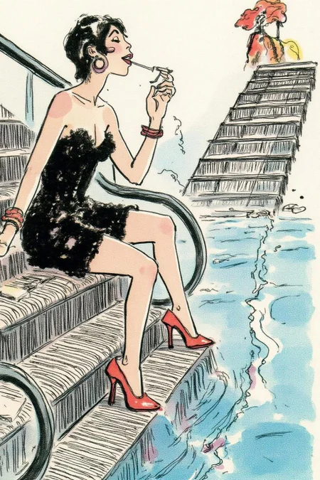 hugop1 illustration. a woman in a chic little black dress and vibrant red high heels, gracefully descending an escalator. She wears black lipstick and is screaming. Her attire exudes elegance and sophistication, with the red heels providing a bold pop of color against the classic black dress. The escalator itself, typically found in a mall or airport, leads downwards into an unexpected and dreamlike destinationâ -- pool of rippling water. The water is blue and ripples as the escalator's steps disappear beneath the surface. The woman's posture is poised and confident, as she seems unperturbed by the unusual surroundings. The overall atmosphere is a blend of high fashion and surreal fantasy, capturing a moment that is both elegant and otherworldly, <lora:hugop1_cap_d6a3e12:1.0><lora:824409382088381567:0>