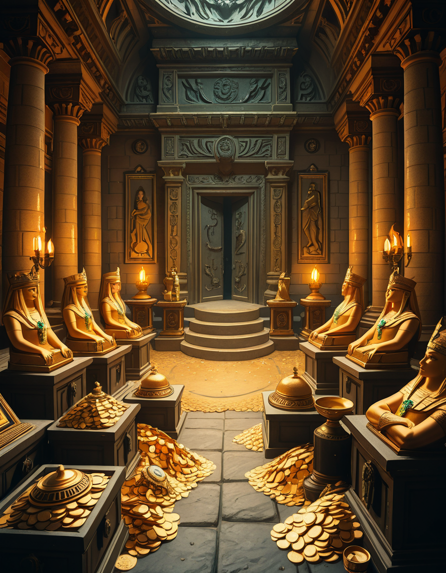 A hidden treasure chamber deep within an ancient temple, illuminated by the warm golden glow of torches and mystical blue light from enchanted crystals. The room is filled with piles of gold coins, jewel-encrusted goblets, and ancient artifacts covered in dust. Massive stone statues of forgotten deities guard the chamber, their eyes glowing faintly as if watching intruders. In the center, a grand pedestal holds a legendary artifactâan ornate golden crown encrusted with emeralds and sapphires, shimmering with an otherworldly aura. The walls are adorned with intricate carvings depicting lost civilizations, and creeping vines hint at centuries of abandonment. The atmosphere is mystical and slightly eerie, with a sense of both wonder and danger. The air is thick with the scent of aged parchment and burning incense, adding to the chamberâs ancient and mysterious feel. Cinematic lighting with dramatic shadows enhances the depth and richness of the scene, creating a visually stunning and immersive environment.
<lora:SDXLFaeTastic2400:0.4> <lora:extremely_detailed:0.4> extremely detailed,treasure ch4mb3r, <lora:treasure_ch4mb3r-i:1>, Masterpiece,best quality,hi res,8k,hi res,8k,award winning,(sharp focus, intricate, highly detailed),