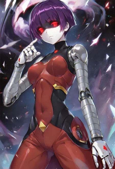 score_9,score_8_up,score_7_up, ASCII,masterpiece,
MD-Doll, android, robot, joints, mechanical_arms, mechanical legs, short hair, pixie cut, with bangs, purple hair, hollow eyes, red pixel eyes, athletic, pronounce facial features, biosuit, white poncho:1.4, (looking at viewer, standing,dinamic pose,), epic background, (Kentaro Miura Style:1.5)