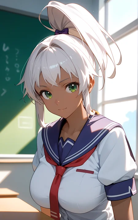 (score_9, score_8_up, score_7_up), standing, leaning forward, looking at viewer, light smile, closed mouth, shiny skin, tight clothes,
ohwx, 1girl, solo, green_eyes, breasts, large_breasts, dark_skin, dark-skinned_female, ponytail, white_hair, long_hair, high_ponytail, bow,
school_uniform, serafuku, short_sleeves, necktie, sailor_collar,
window, sunlight, classroom,
blurry, cowboy shot, dutch angle, upper body, close-up,
<lora:chacha_akaza_pony_ss-000004:1>